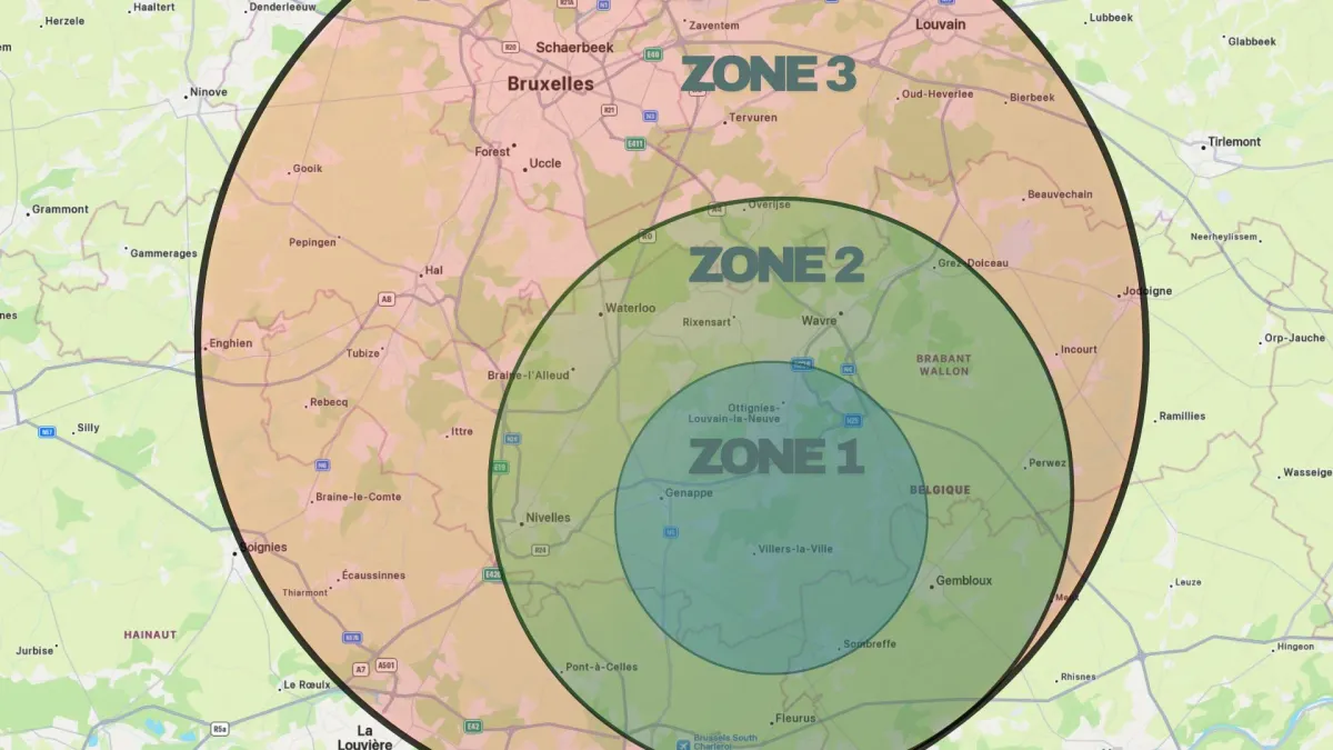 Carte des trois zones de livraison, en cercles concentriques autour de Villers-la-Ville : la zone 1 au centre, puis la zone 2, puis la zone 3 qui s'étend jusqu'à Bruxelles.